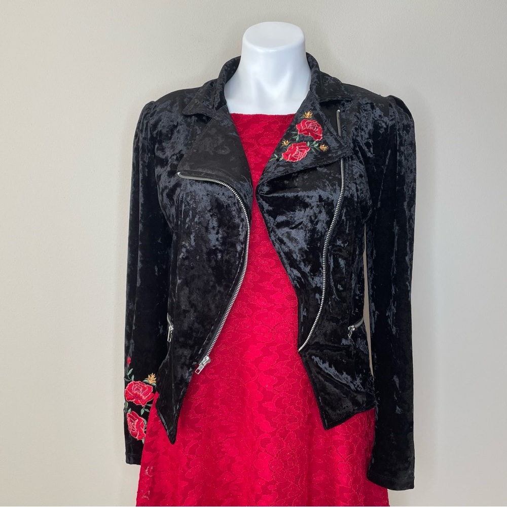 Disney Coco Black Crushed Velour Moto Style Jacket with Red Rose Embroidery - Picture 2 of 10